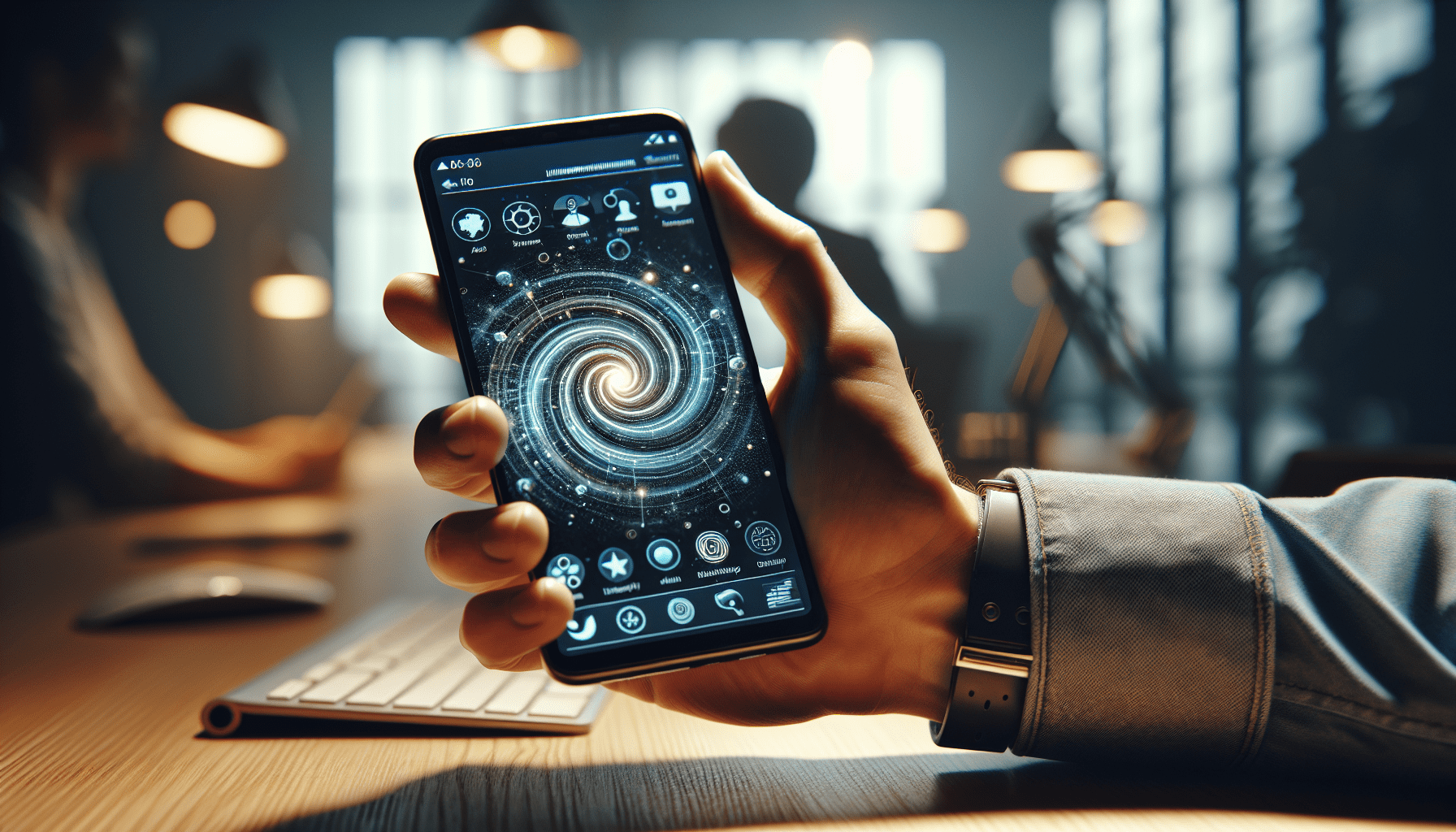 Hand holding smartphone with AI symbol and social media icons, in a softly lit modern office.2024-07-02T03:33:08.943Z