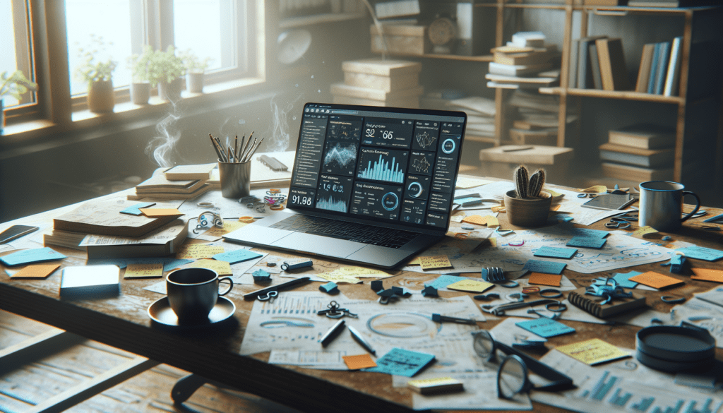 AI tools make content strategy smarter 1 A cluttered office desk with AI content tool on laptop screen amidst notes, under natural light.2024-07-03T03:32:39.563Z