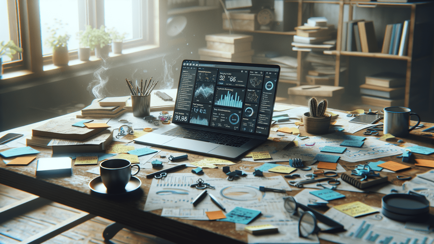 A cluttered office desk with AI content tool on laptop screen amidst notes, under natural light.2024-07-03T03:32:39.563Z