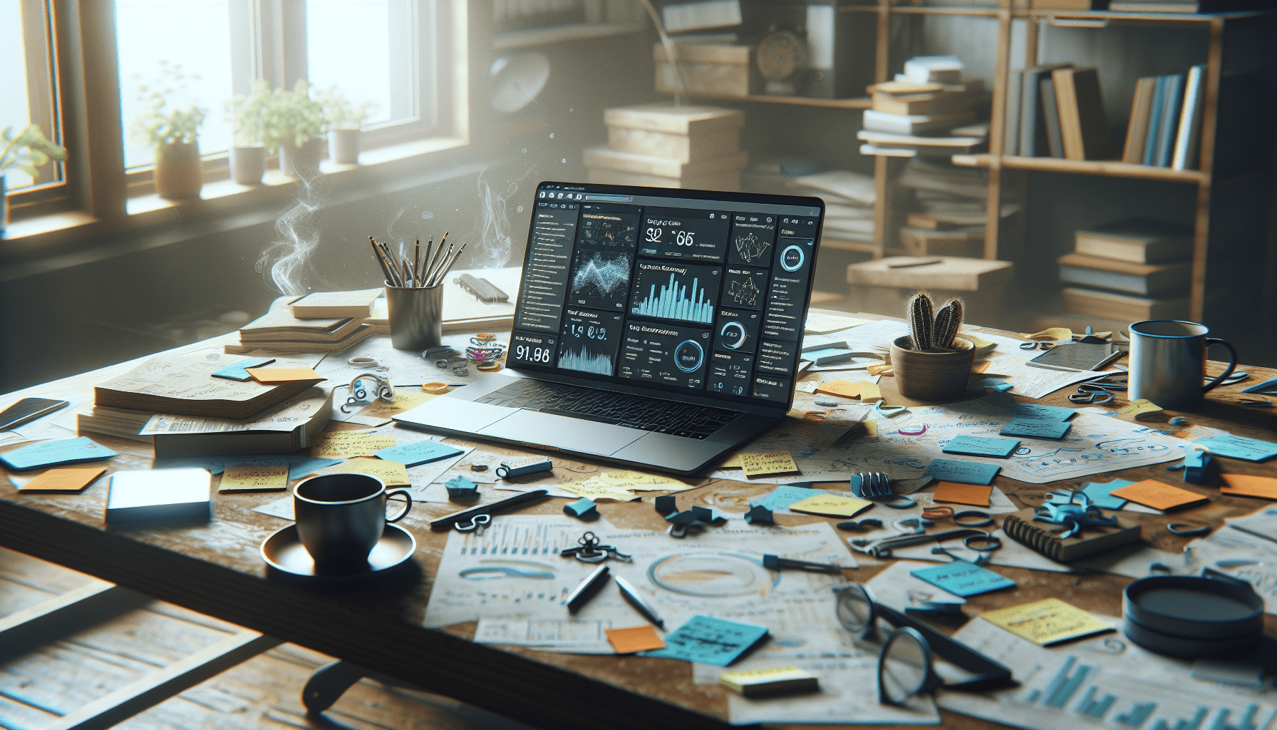 A cluttered office desk with AI content tool on laptop screen amidst notes, under natural light.2024-07-03T03:32:39.563Z