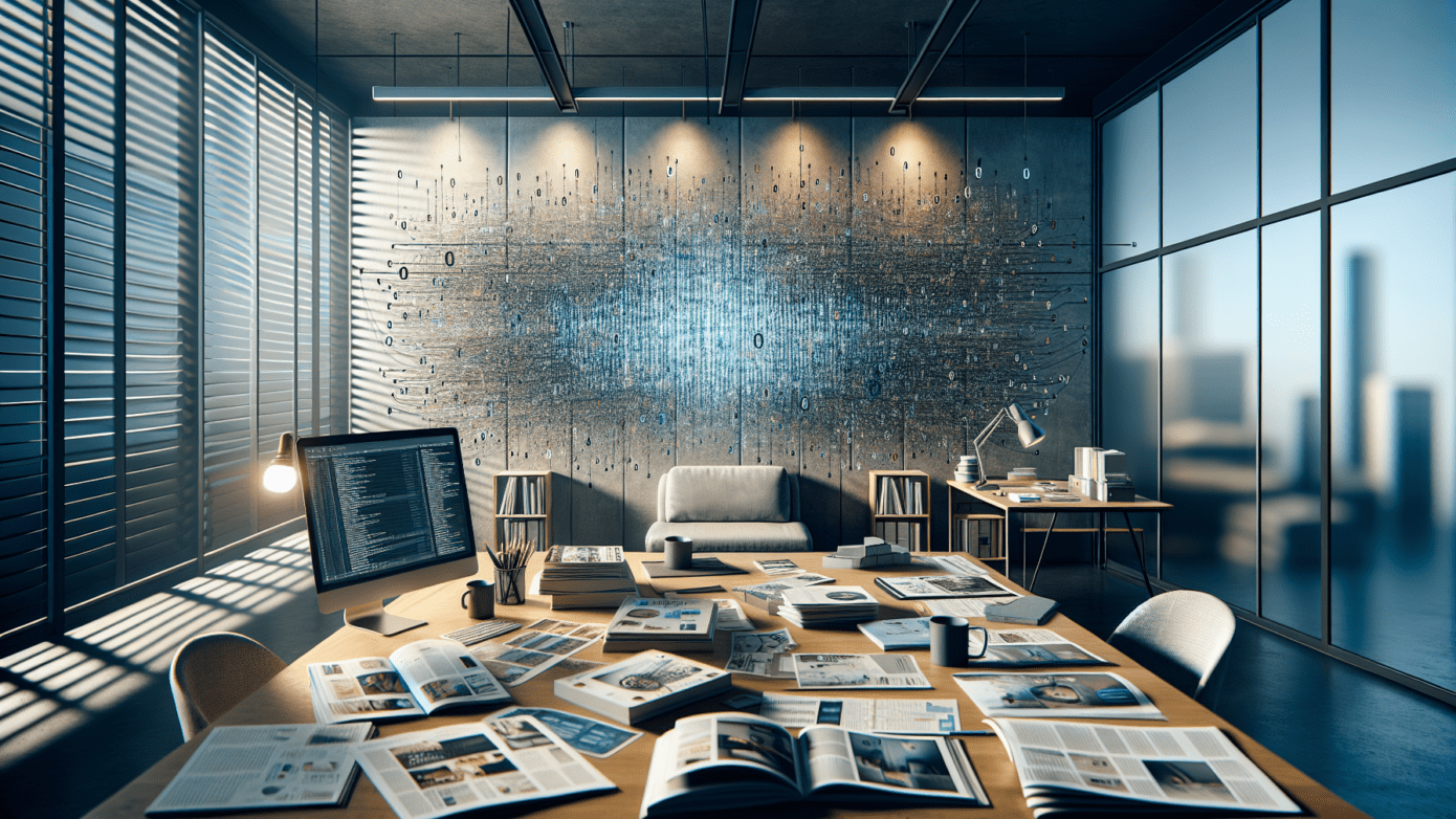 AI in Ads: Does It Really Improve Campaigns? 1 Straight-on view of an office blending traditional ads and digital media with subtle AI binary code.2024-07-05T03:32:03.068Z