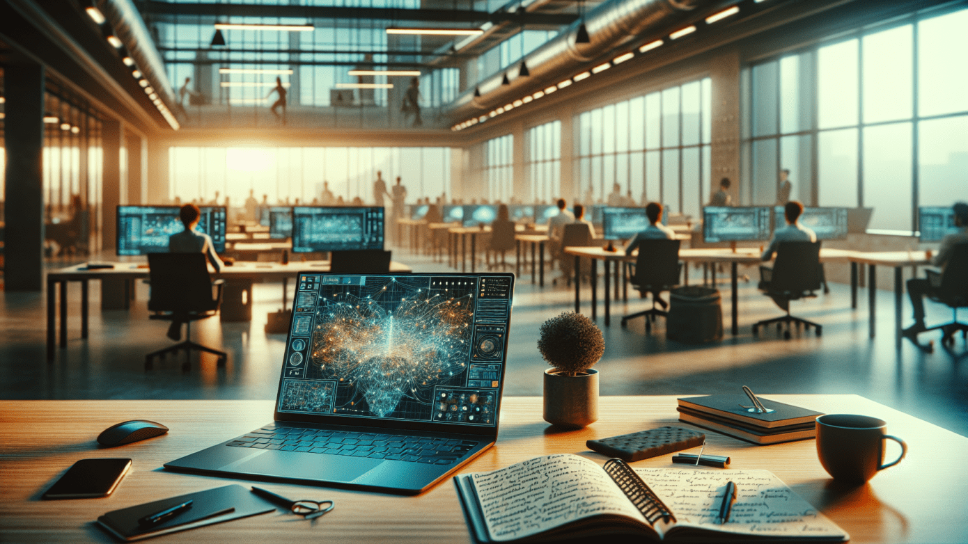 Straight-on view of an office where humans collaborate with AI; warm, modern ambiance with a touch of greenery.2024-07-10T11:29:55.400Z