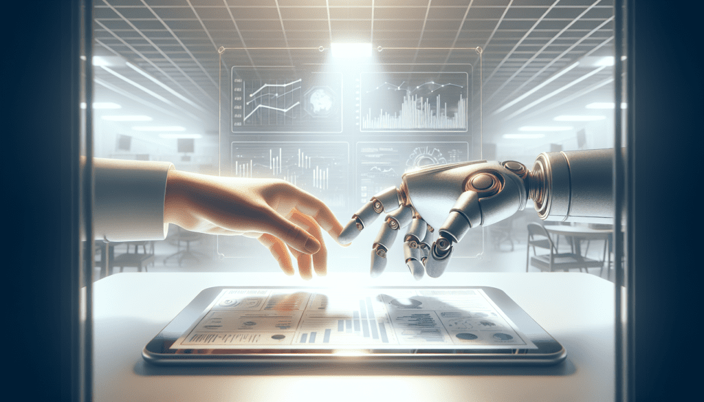 AI and Humans Unite in Modern Marketing 1 Human and robotic hands unite over a marketing dashboard in a well-lit modern office.2024-07-10T13:23:32.188Z