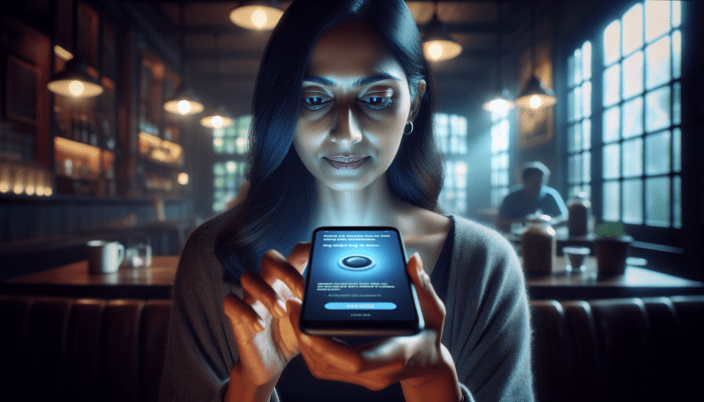 Person bemused by accurate ads on smartphone in a softly lit café ambiance.2024-07-12T03:32:23.583Z