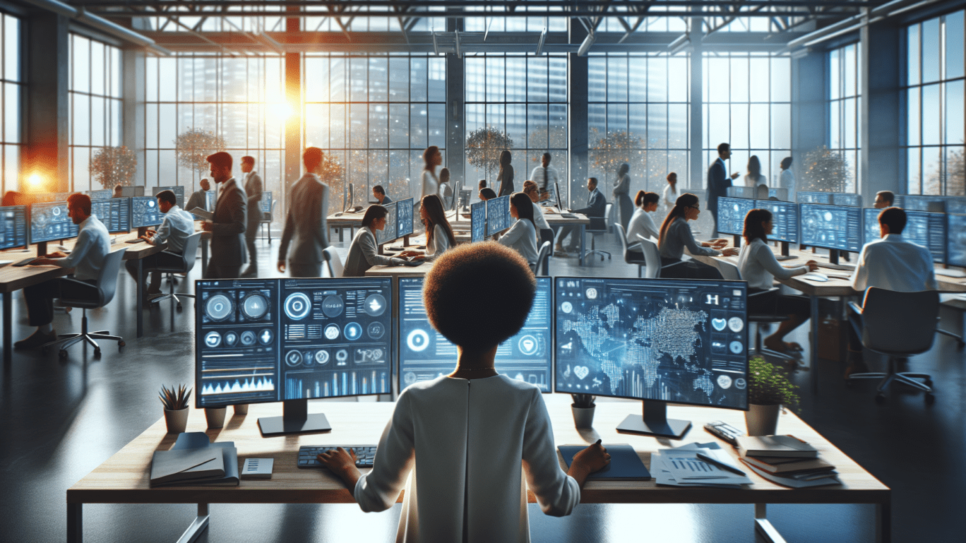 Elevated view of a bustling modern office with a young professional analyzing social media AI analytics.2024-07-15T03:33:02.778Z