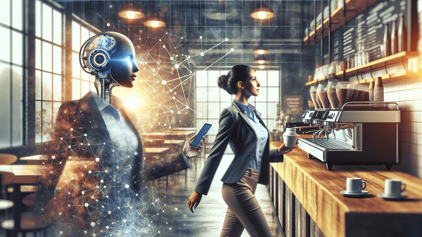 Business professional using smartphone amidst the dynamic, AI-infused atmosphere of a modern coffee shop.2024-07-17T03:45:13.973Z