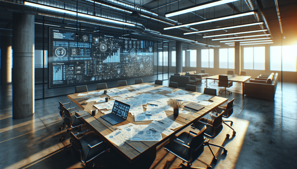 Alt text: A modern office conference table with papers, flowcharts, and a laptop displaying AI software in muted tones with mixed lighting.2024-07-18T03:40:02.635Z