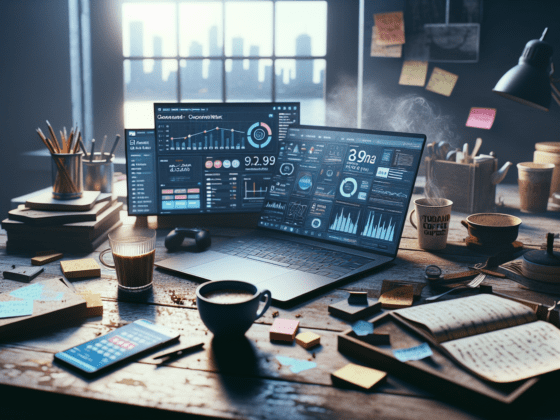 Alt text: "A cluttered wooden desk in a softly lit room features a sleek laptop displaying a social media dashboard with AI-driven analytics, symbolizing AI social media marketing. Alongside are sticky notes, a cup of chai, a Tim Hortons coffee cup, and a smartphone with a chatbot interface, reflecting the hustle of solopreneurs from Toronto and Mumbai. The warm and cool tones enhance the vibrant data visuals on the laptop, while afternoon light creates a gentle backlight."2024-07-28T17:07:25.534Z