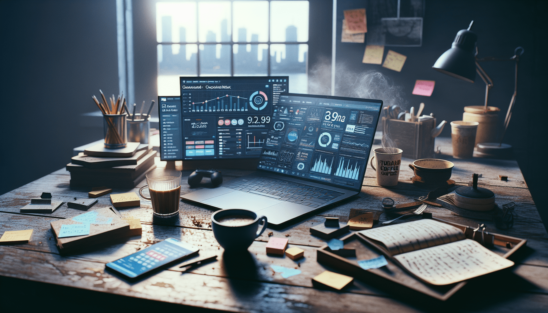 Alt text: "A cluttered wooden desk in a softly lit room features a sleek laptop displaying a social media dashboard with AI-driven analytics, symbolizing AI social media marketing. Alongside are sticky notes, a cup of chai, a Tim Hortons coffee cup, and a smartphone with a chatbot interface, reflecting the hustle of solopreneurs from Toronto and Mumbai. The warm and cool tones enhance the vibrant data visuals on the laptop, while afternoon light creates a gentle backlight."2024-07-28T17:07:25.534Z