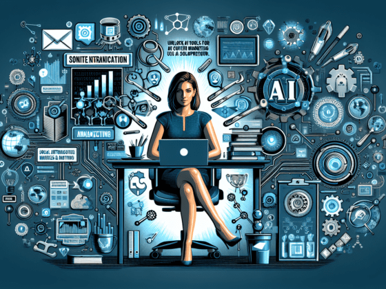 Alt text: "A solopreneur using AI tools for content marketing on a laptop, surrounded by marketing materials and a notebook, illustrating strategies for success in AI-driven content creation."2024-08-07T20:35:13.859Z