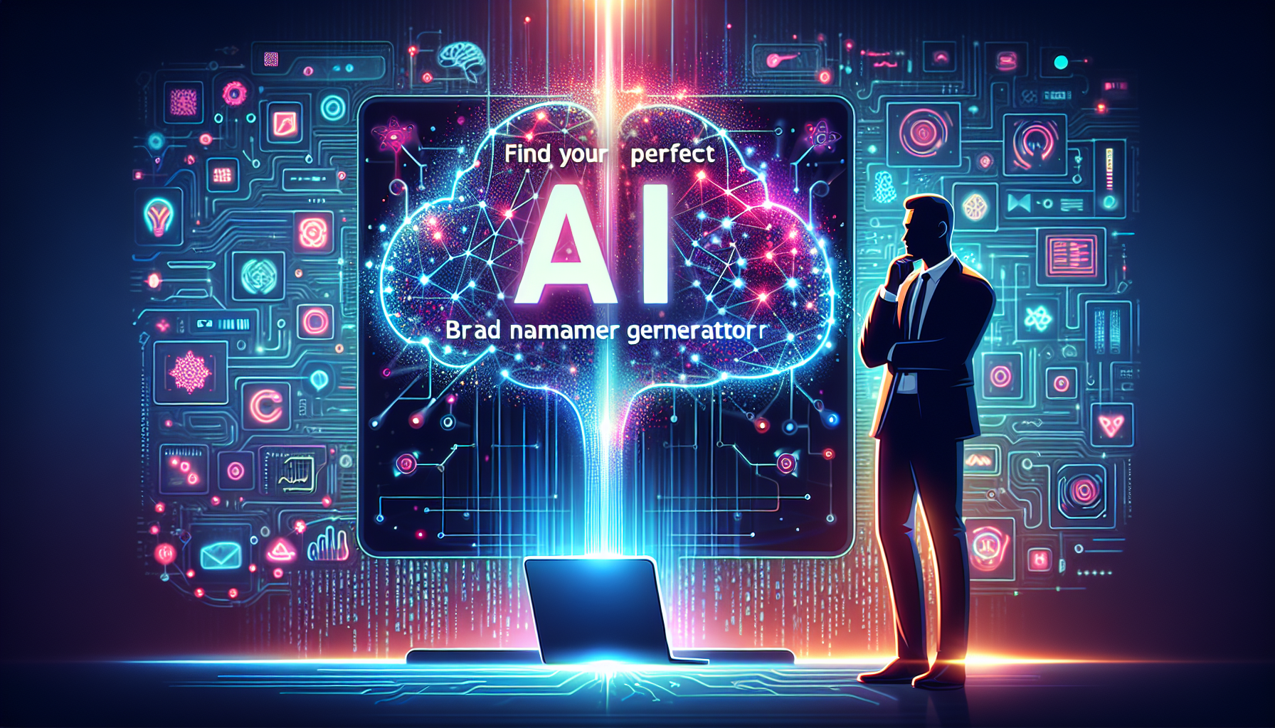 Alt text: "Illustration of a laptop displaying an AI brand name generator tool surrounded by creative brand name ideas, ideal for solopreneurs exploring AI marketing trends."2024-08-30T14:25:25.647Z