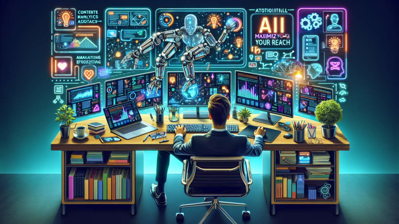 Alt text: "A solopreneur using AI tools for content marketing on a laptop, surrounded by digital marketing icons, showcasing innovative strategies for maximizing content."2024-09-04T03:32:36.064Z