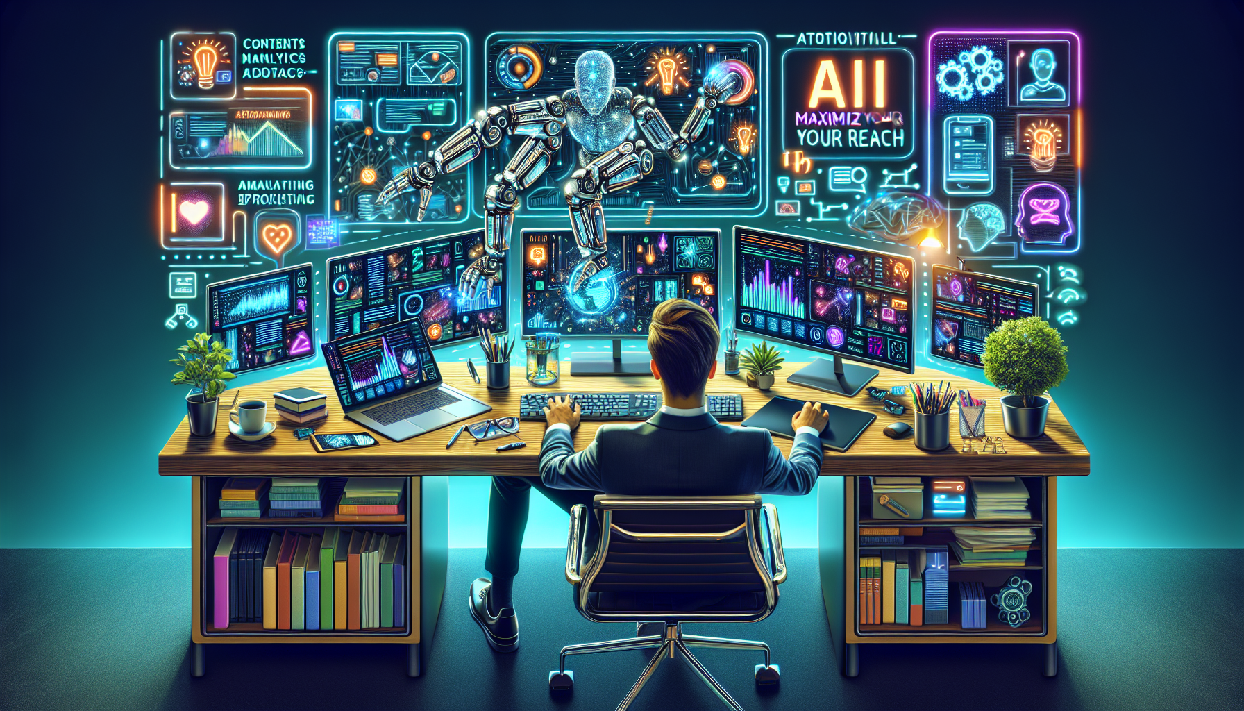 Alt text: "A solopreneur using AI tools for content marketing on a laptop, surrounded by digital marketing icons, showcasing innovative strategies for maximizing content."2024-09-04T03:32:36.064Z
