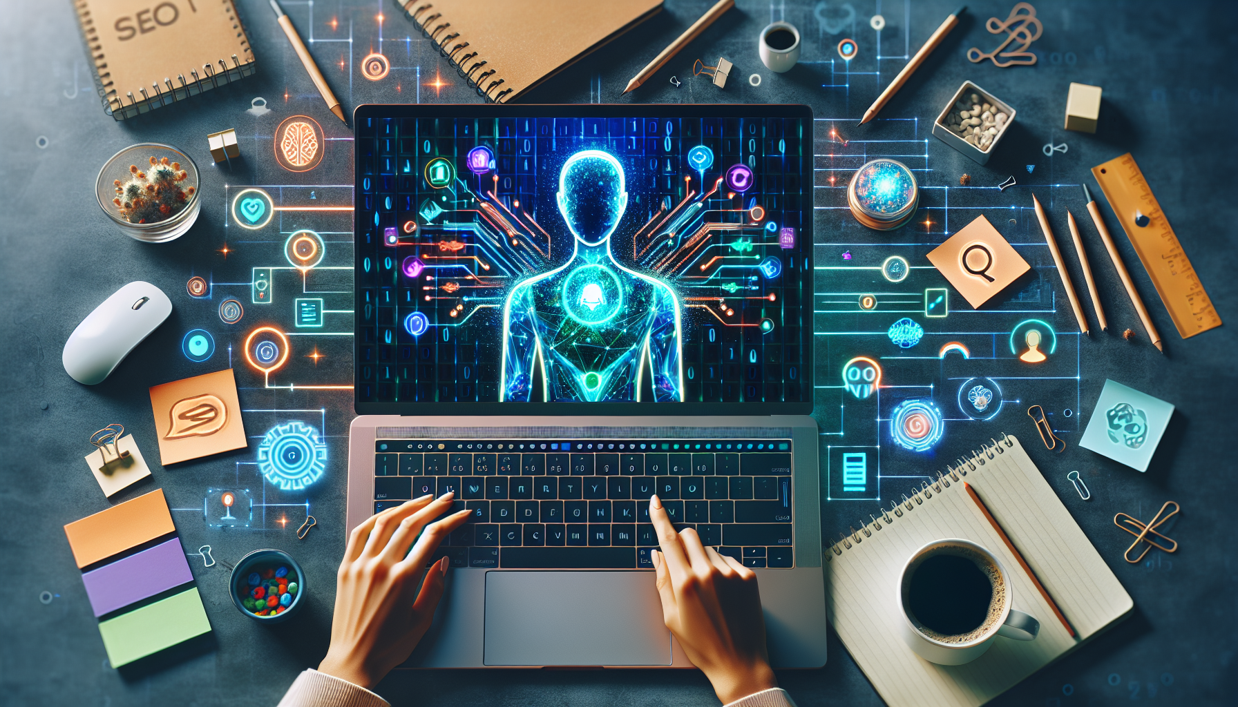 "Illustration of a solopreneur using AI tools for content marketing, showcasing enhanced creativity and efficiency through digital devices and brainstorming icons."2024-09-18T03:32:47.340Z