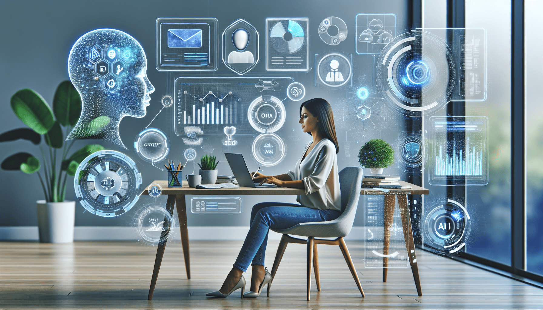 "Solopreneur working on a laptop with AI marketing tools and content strategies displayed on the screen, illustrating the theme of leveraging AI for content marketing success."2024-10-02T03:35:30.467Z