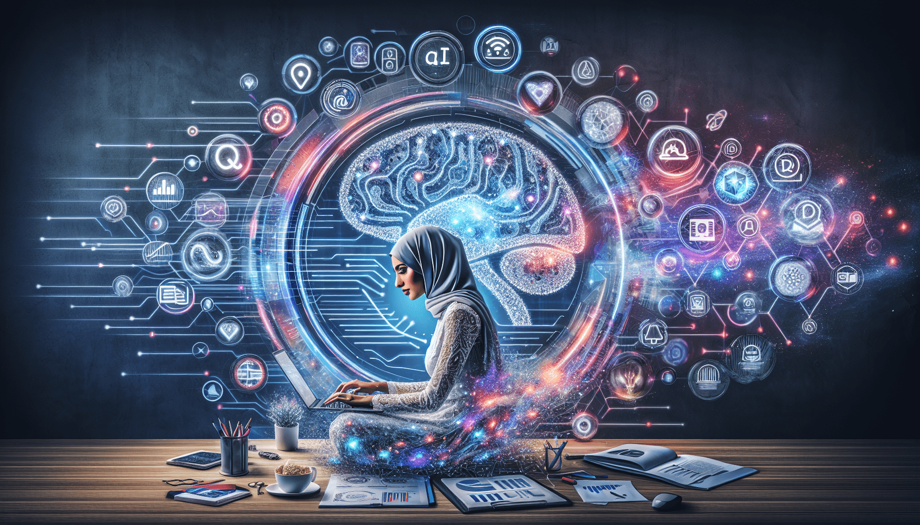 Alt text: "Solopreneur using AI tools for content marketing, surrounded by digital media elements like graphs and copyright icons, illustrating the intersection of AI generated content marketing and copyright insights."2024-10-10T12:32:23.545Z