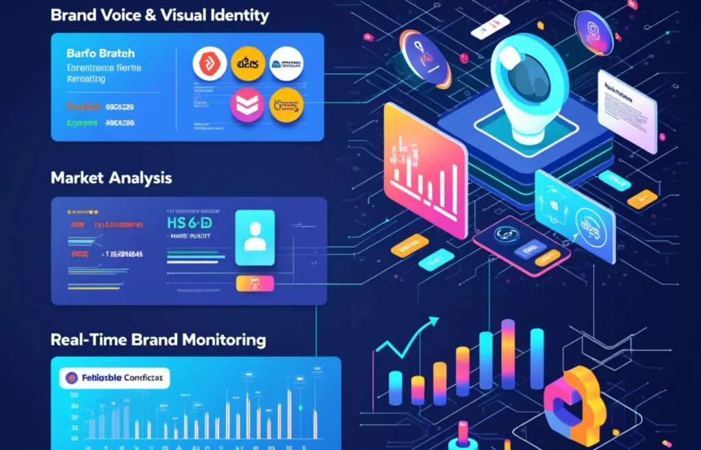 Service SMM 3 Illustration of AI brand management with tools for real-time monitoring, market analysis, and brand voice development, enabling brands to streamline social media presence using AI