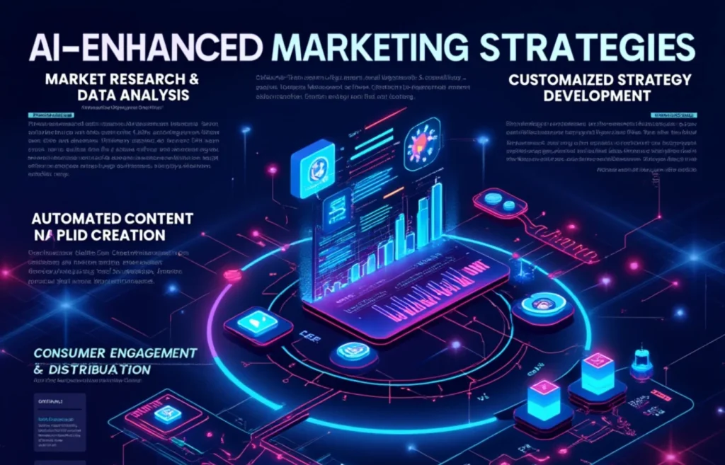 Service SMM 2 Illustration showcasing AI-driven marketing strategies, including data analysis, content automation, and consumer engagement, designed to elevate social media marketing through artificial intelligence.