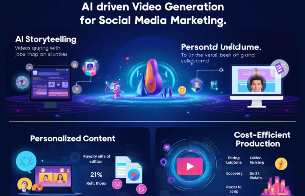 Service SMM 5 Graphic of AI-powered video generation tailored for social media, highlighting personalized content creation and cost-efficient production strategies using AI tools to enhance audience engagement.