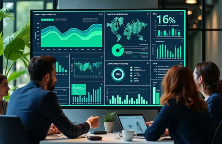 Service Personal Branding 7 Social Scion team analyzing AI-powered branding metrics on a large screen, showcasing data-driven insights for effective brand management and strategy.
