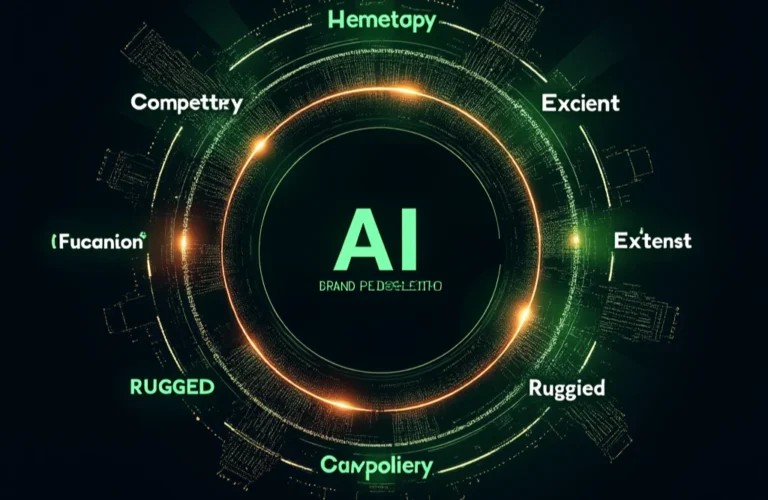 Service Personal Branding 5 Circular digital interface with ‘AI’ at the center, illustrating how AI technology supports brand positioning, identity, and growth in brand management and personal branding.