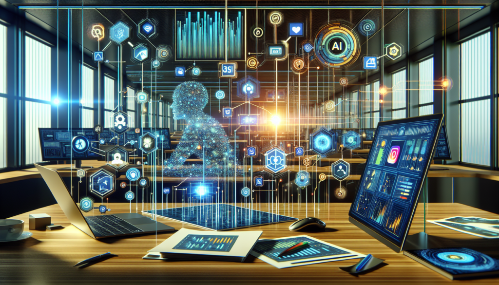 How AI Social Media Marketing Enhances Your Strategy 1 Image of a laptop displaying AI analytics with social media icons, illustrating AI social media marketing strategies for small business growth.