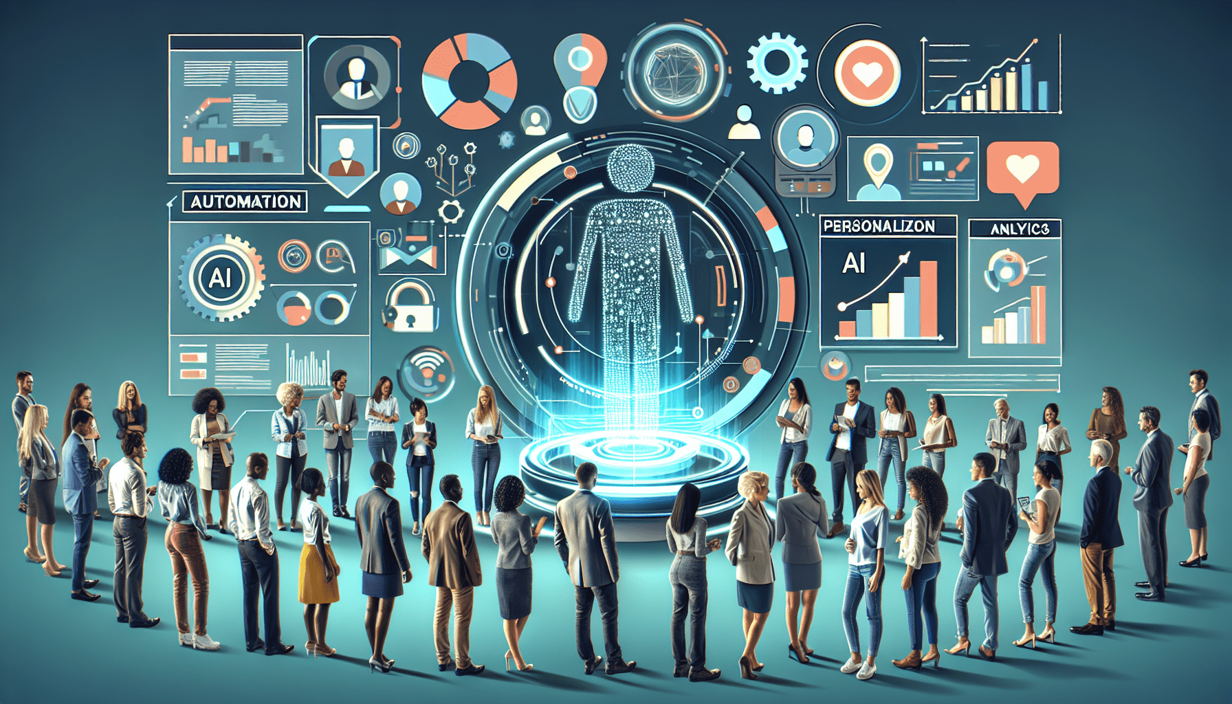 Image depicting a smartphone with AI-generated social media posts, engaging interactions, and analytics, showcasing AI's role in boosting engagement.
