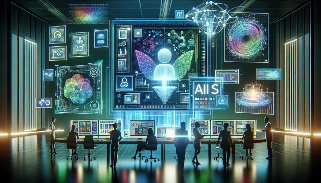 Master Logo Designing AI and Essential Marketing Tools 2024 1 Image of a computer screen displaying a sleek, modern AI interface for logo designing ai, surrounded by marketing tools on a creative workspace.