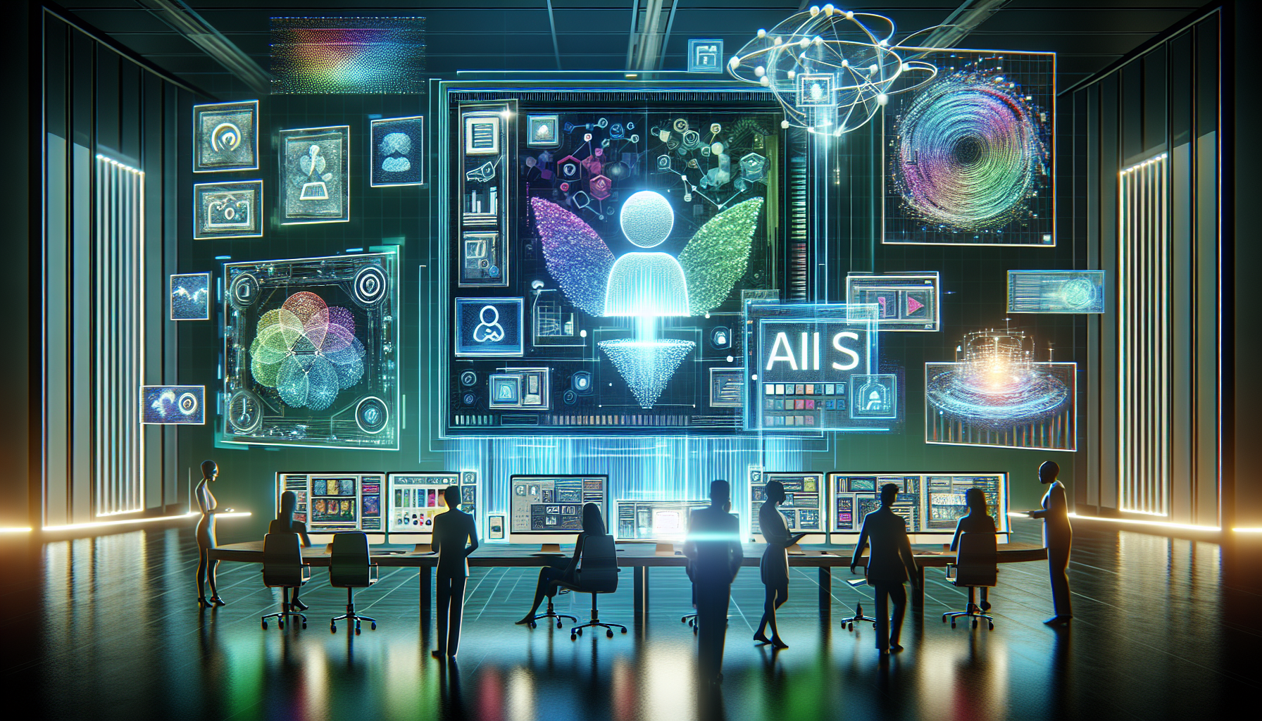 Image of a computer screen displaying a sleek, modern AI interface for logo designing ai, surrounded by marketing tools on a creative workspace.