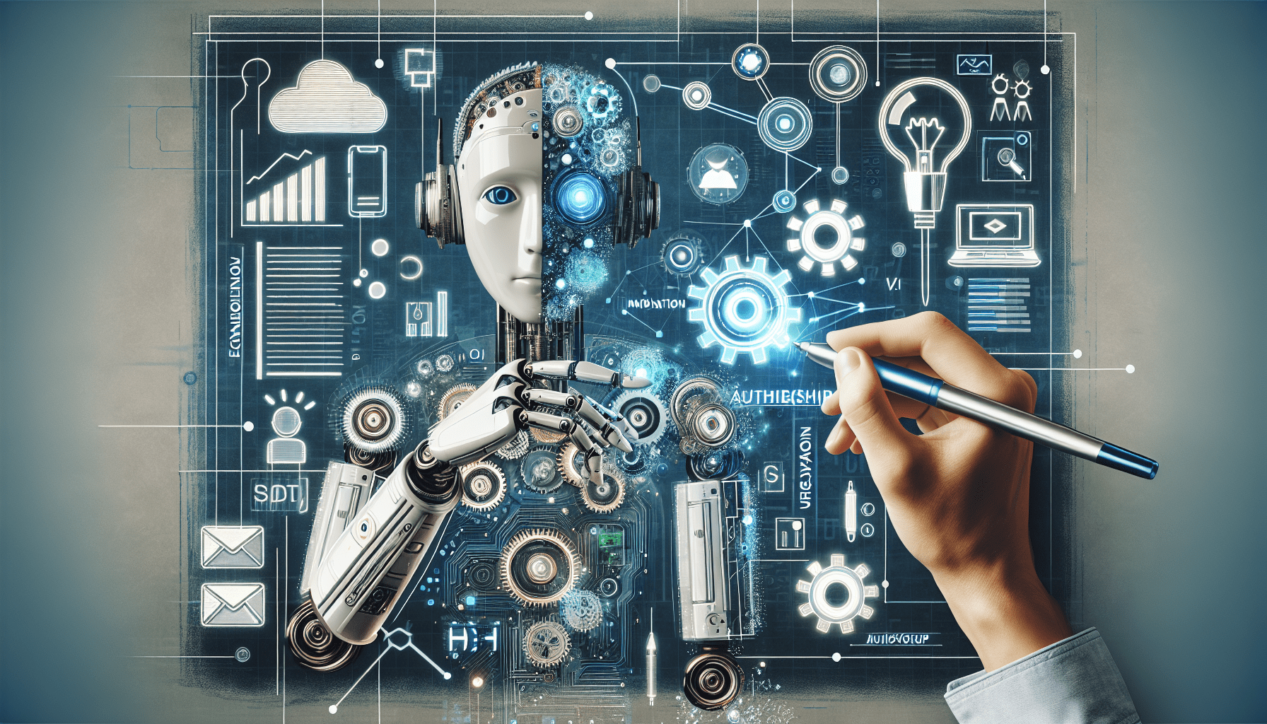 Image depicting an ai content creator designing digital content on a laptop; showcases innovation in digital production for small businesses.