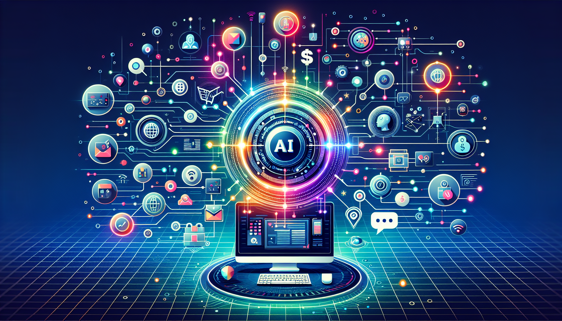 Illustration of a laptop displaying AI dashboards, graph analytics, and alerts, highlighting AI tools for social media strategies.