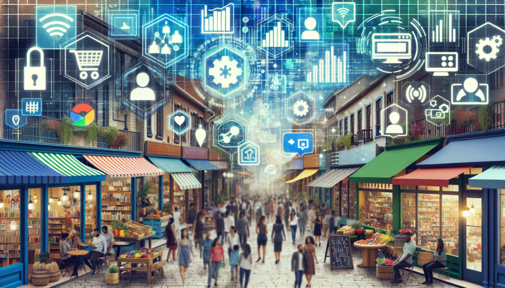 AI Marketing Solutions: Elevate Local Presence and Boost Business Strategy 1 Image of small business owners analyzing a digital dashboard. Concept of enhancing local presence with AI marketing solutions.