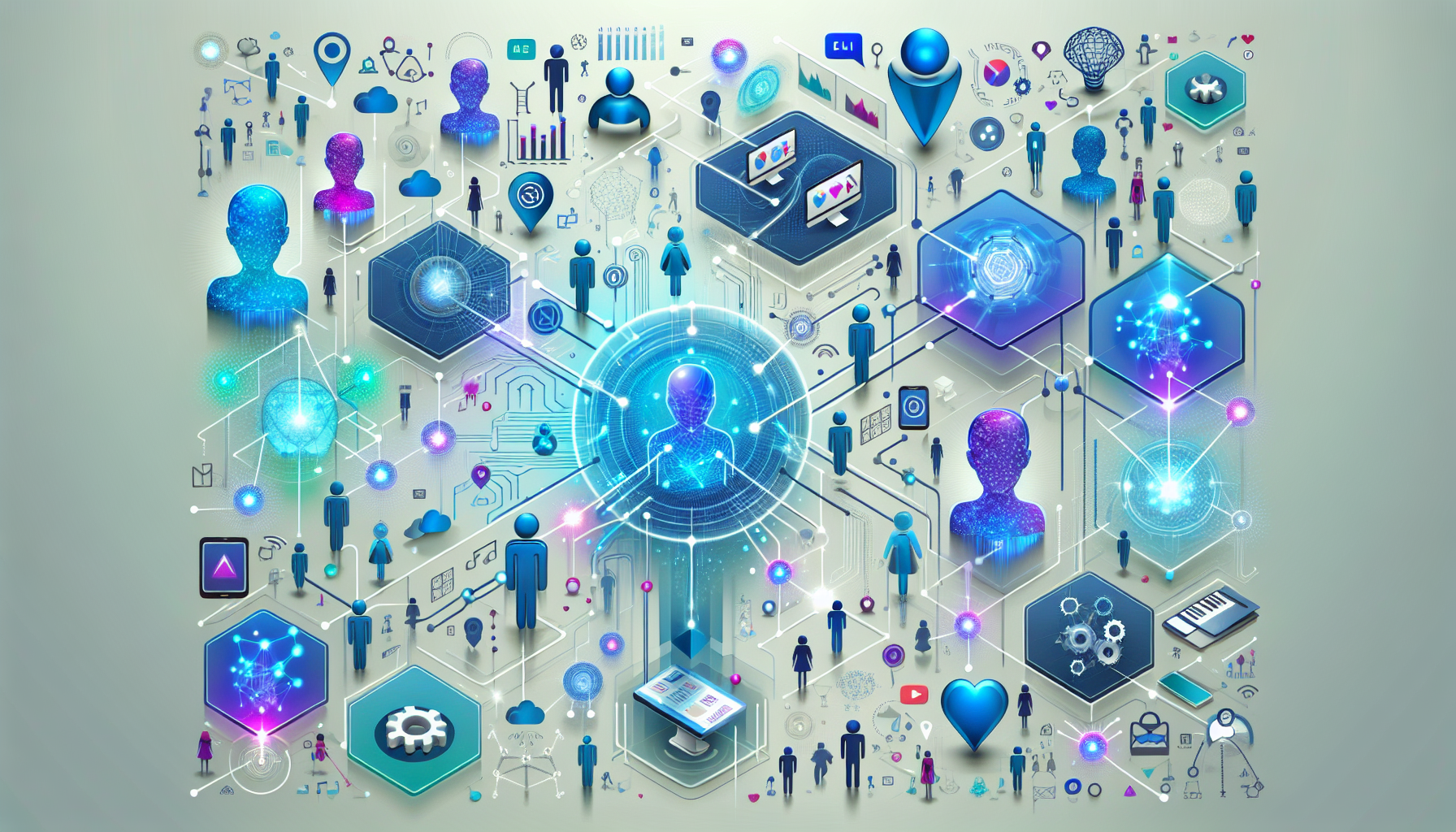 Image showing diverse AI characters interacting with social media icons, illustrating the impact of Meta's ai tool for social media.