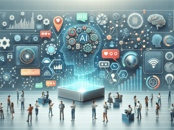 AI Social Media Management: Enhance Your Digital Strategy 5 Image of a small business owner using a laptop with AI social media management dashboard displaying analytics and engagement metrics.