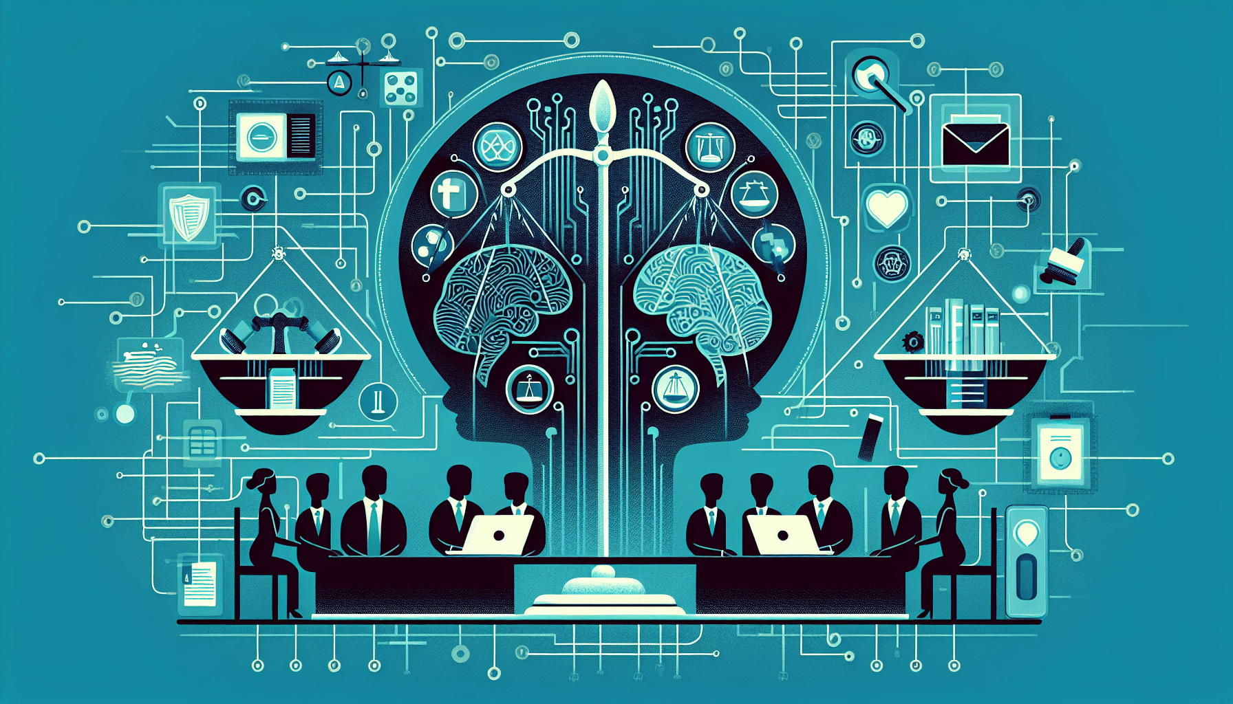 "AI social media ethics: Conceptual image with diverse people discussing ethical AI use on social media platforms for small businesses."