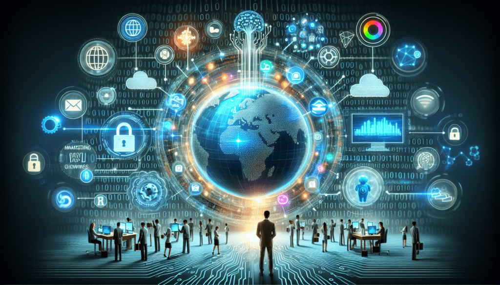AI Marketing Services: Shaping Global Business Trends 1 Image depicting diverse business leaders analyzing digital graphs on a tablet, showcasing ai marketing services trends.