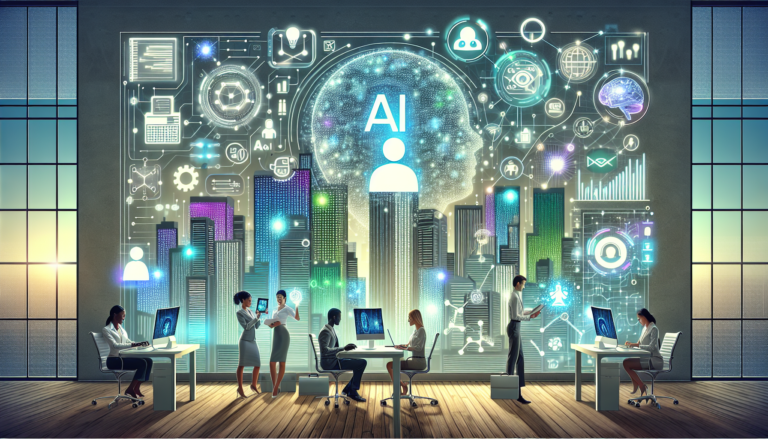 Image depicting a small business team discussing AI in branding strategies for 2025, featuring digital charts and futuristic elements.