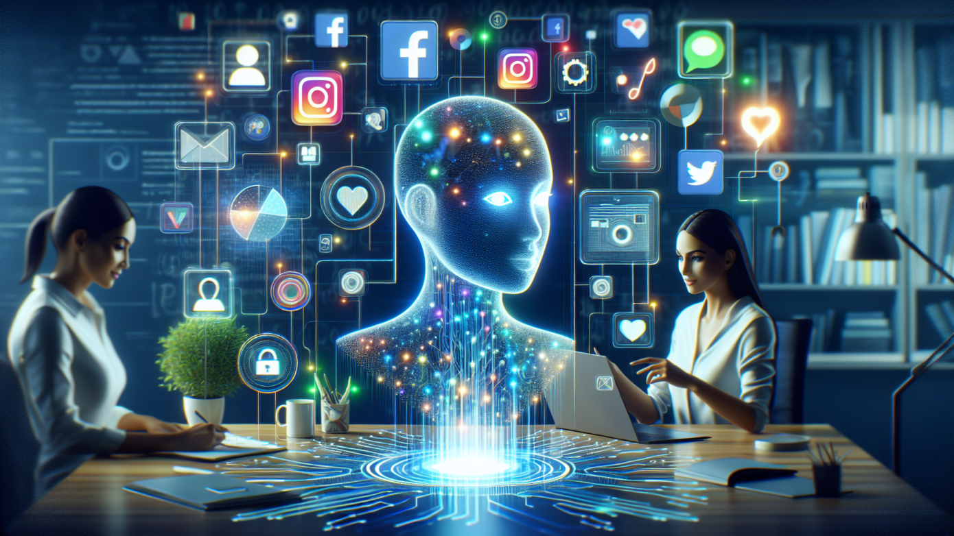 Transforming Social Media Post Design with AI Insights 1 Image of a laptop screen displaying vibrant social media posts being enhanced by AI tools, illustrating advanced social media post design AI strategies for small businesses.