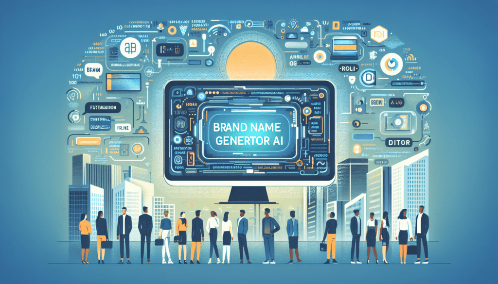 Future-Proof Your Brand: Effective Use of Brand Name Generator AI 1 Futuristic workspace with a laptop displaying "Brand Name Generator AI" interface, ideal for small business branding.