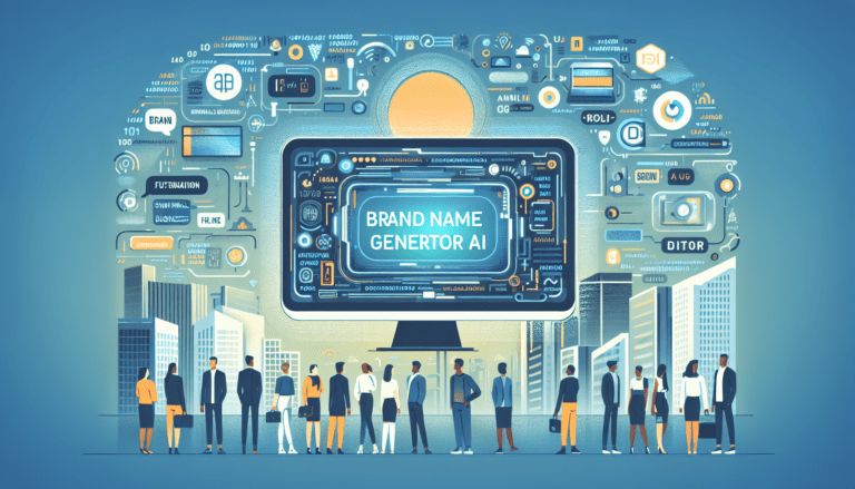 Futuristic workspace with a laptop displaying "Brand Name Generator AI" interface, ideal for small business branding.