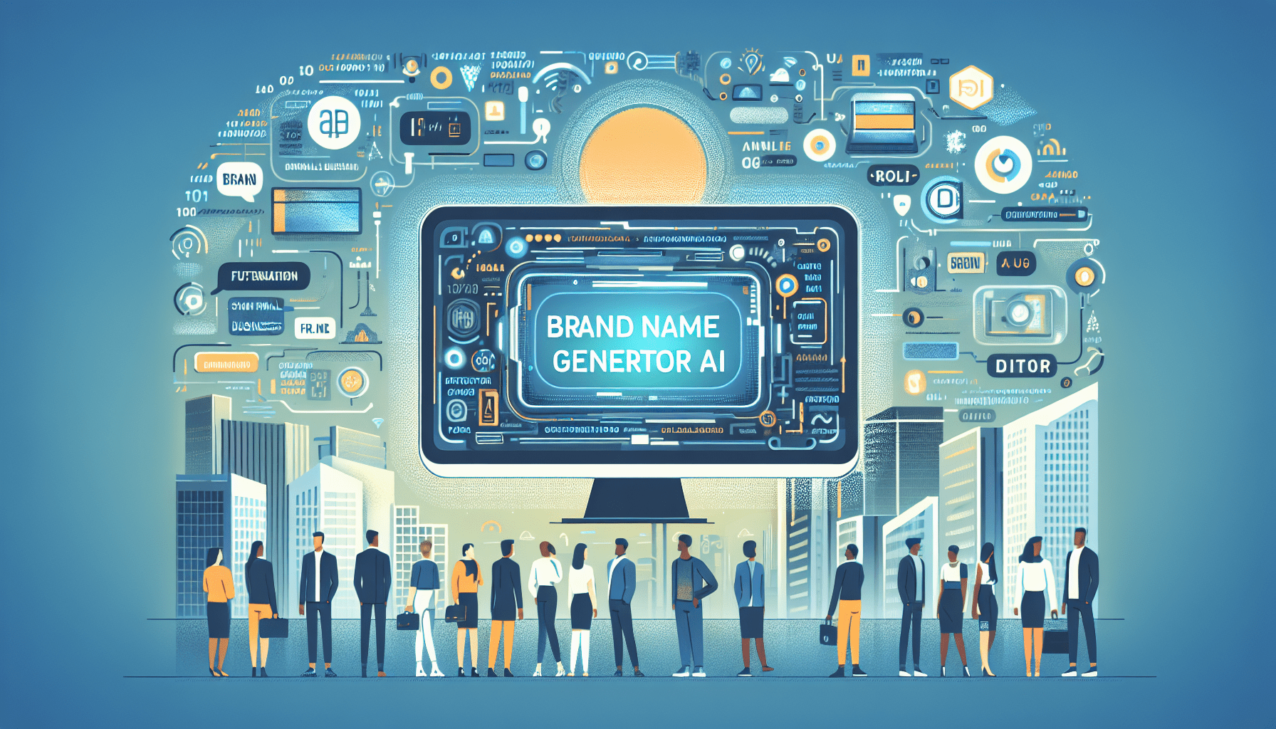 Futuristic workspace with a laptop displaying "Brand Name Generator AI" interface, ideal for small business branding.