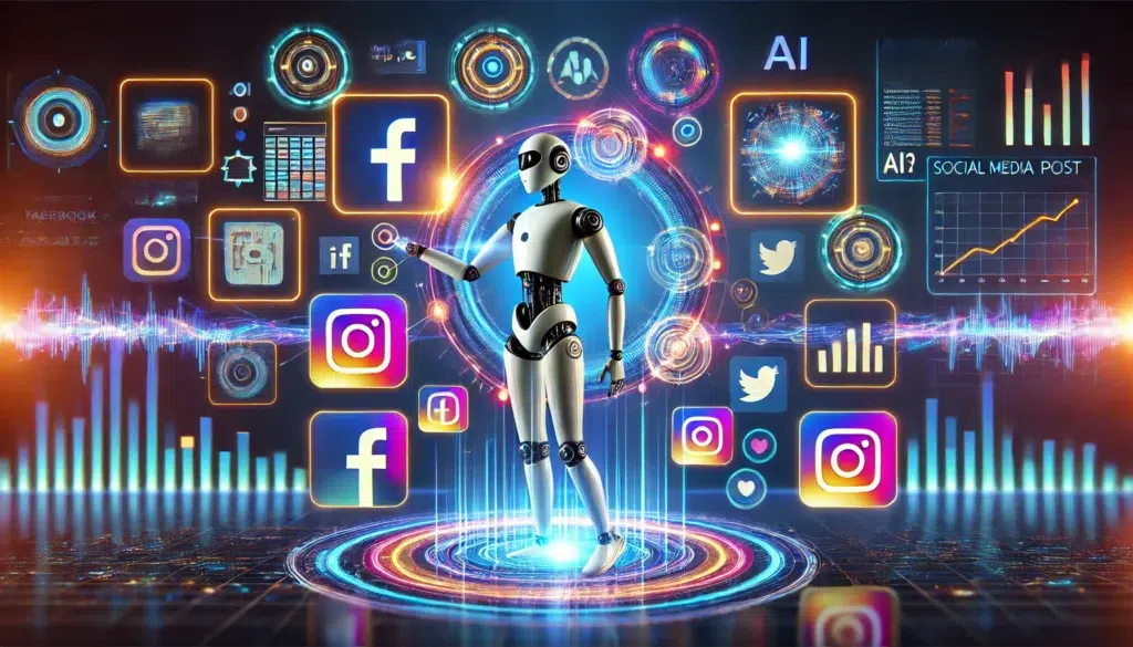 AI Social Media Post Generators: Transforming Content Creation 1 A futuristic digital illustration depicting AI-driven social media content creation and automation. The image features a virtual assistant or AI robot managing and optimizing social media posts, with interconnected floating icons of Facebook, Instagram, Twitter, and LinkedIn. Abstract analytics graphs, a content calendar interface, and glowing data streams represent AI-powered automation and engagement optimization.