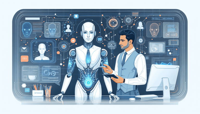 Illustration of AI forming brand voice elements on a digital screen, highlighting strategy and marketing tools for small business success.