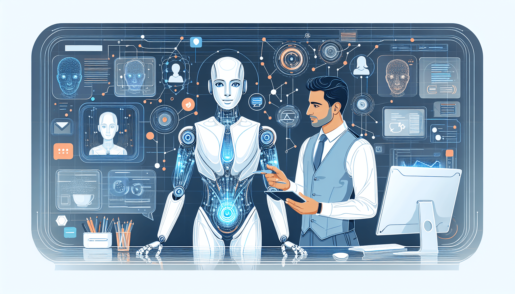 Illustration of AI forming brand voice elements on a digital screen, highlighting strategy and marketing tools for small business success.