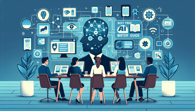Image showing a laptop with AI writing software interface on screen, surrounded by creative tools, illustrating best free AI writer solutions.