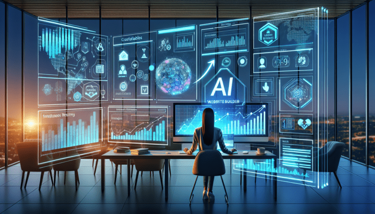 Illustration of futuristic AI website builder interface reshaping web development trends for small businesses in 2025.