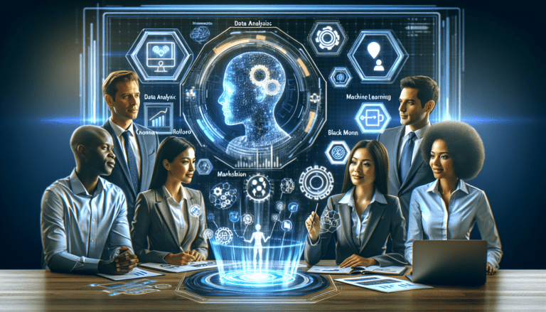 Image depicting a business professional using a laptop with AI-driven analytics and email marketing graphics, symbolizing AI email marketing for B2B growth.