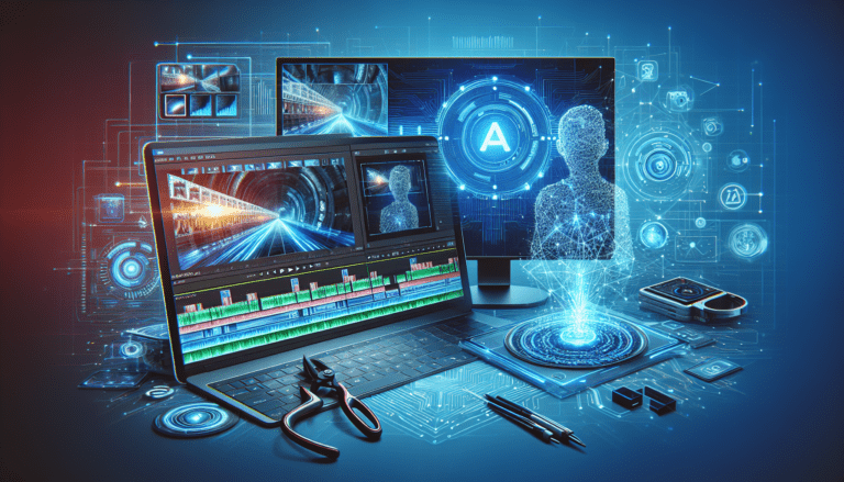 Image of a video editor using AI software to upscale video resolution on a computer screen, optimizing editing skills for small businesses.