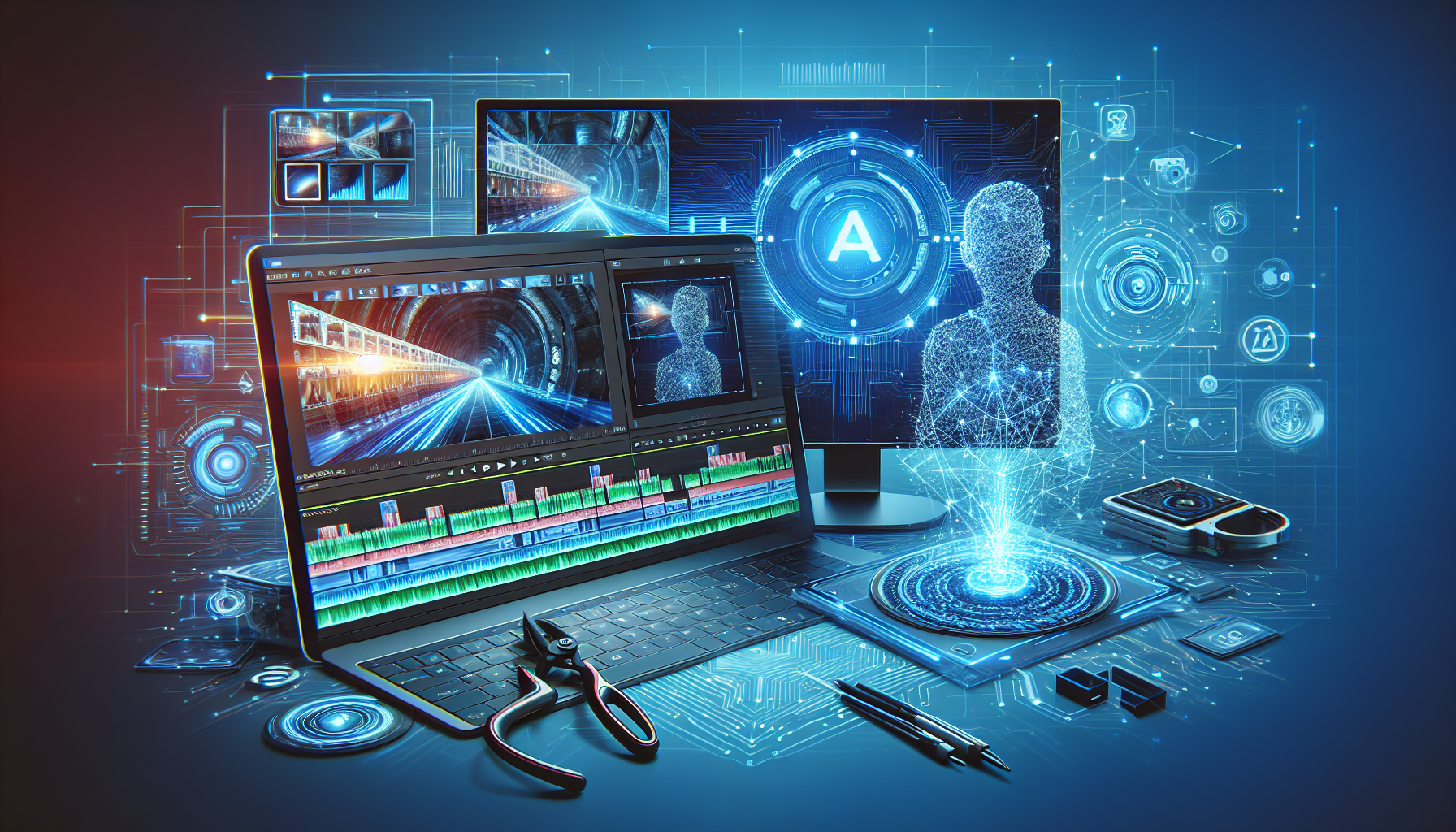 Image of a video editor using AI software to upscale video resolution on a computer screen, optimizing editing skills for small businesses.