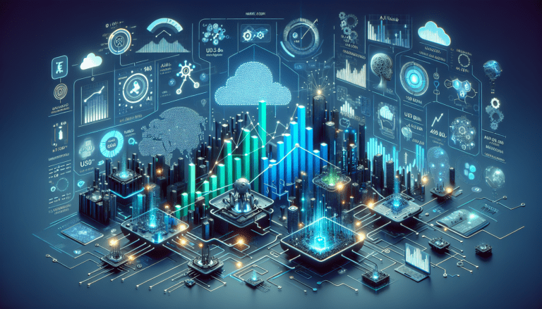 A futuristic cityscape with digital graphs overlaying buildings, illustrating AI for market research and emerging tech trends.